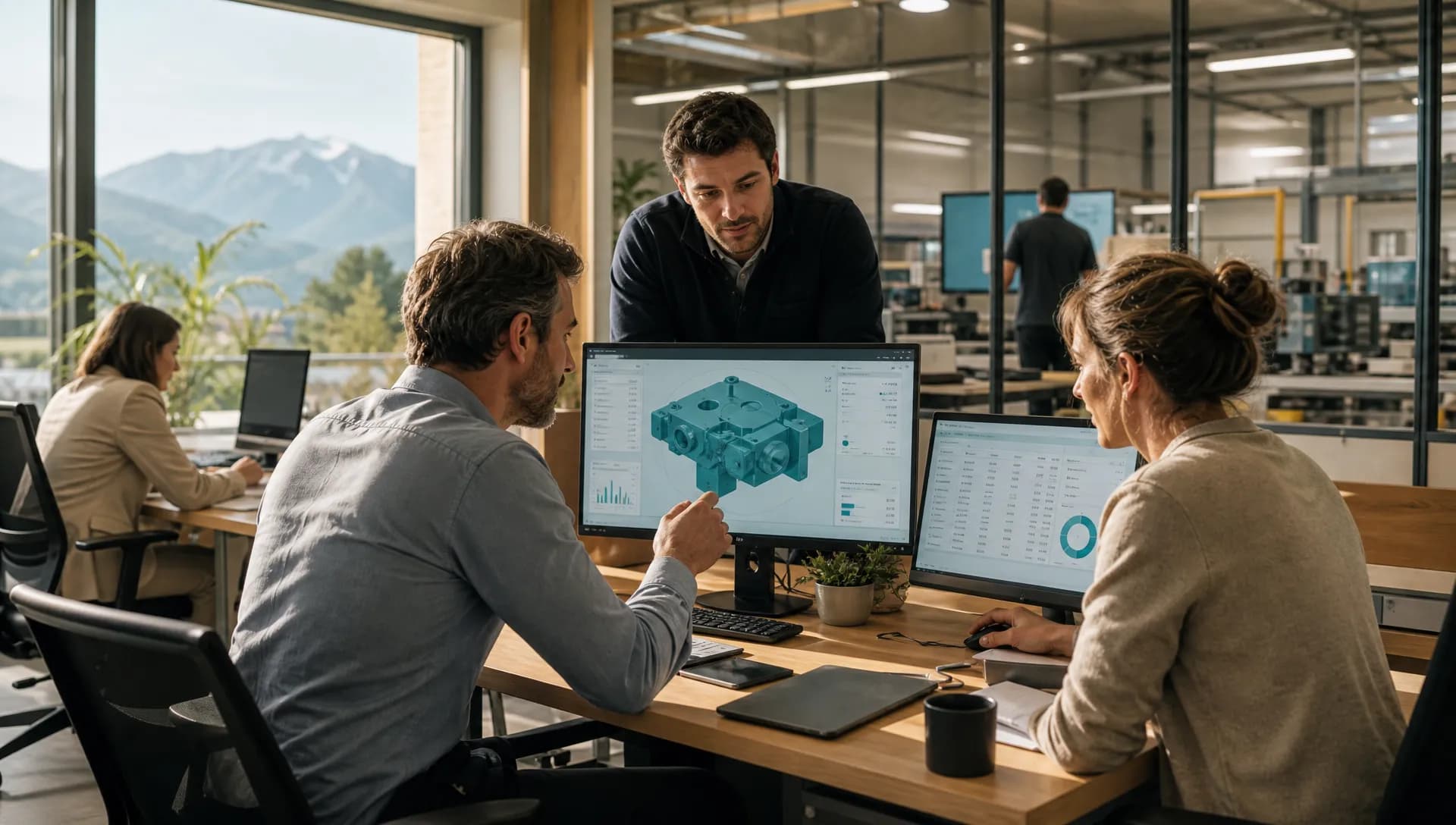 Dirigeant de PME industrielle préparant un devis avec l’IA à partir d’un plan 3D et de données de production.