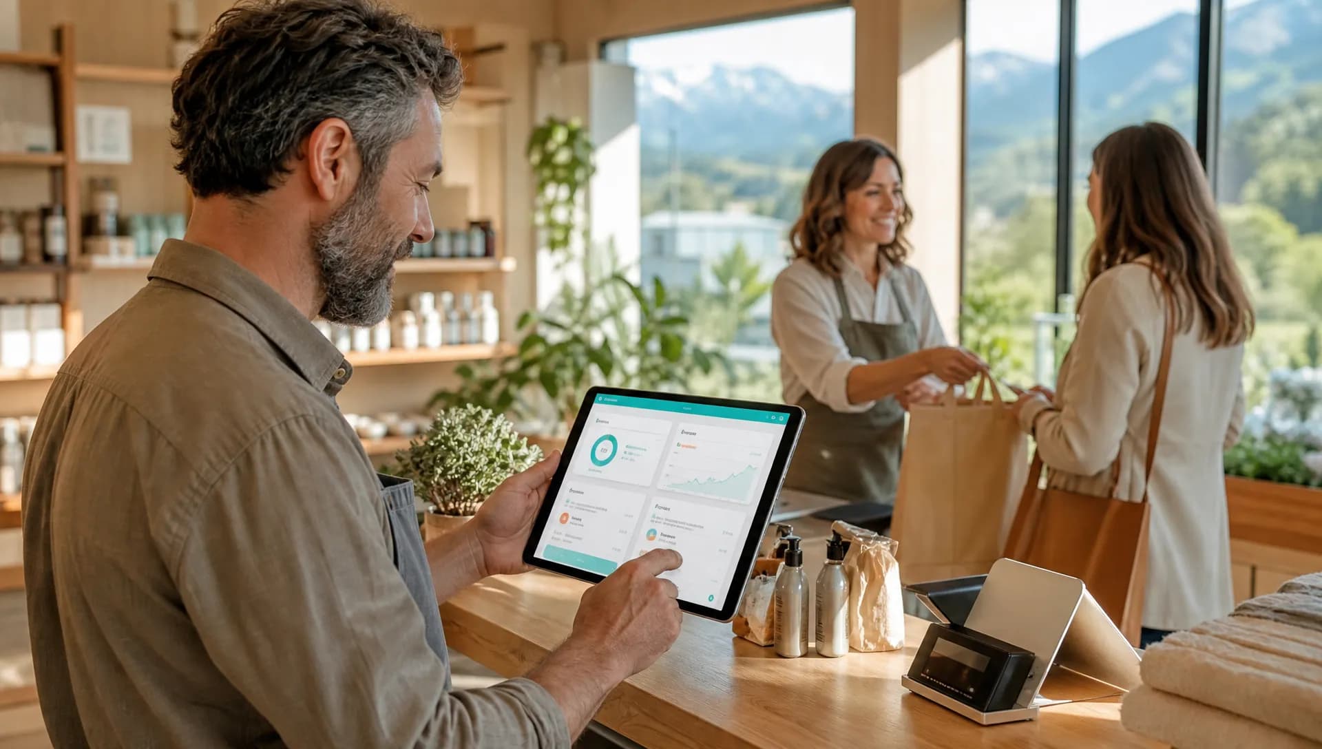 Commerçant utilisant une IA pour suivre avis clients, fiches produits et stock en boutique.