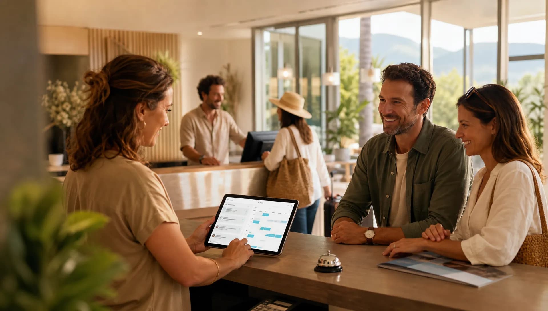 Réception d’hôtel utilisant une IA pour gérer messages clients et planning pendant la saison estivale.