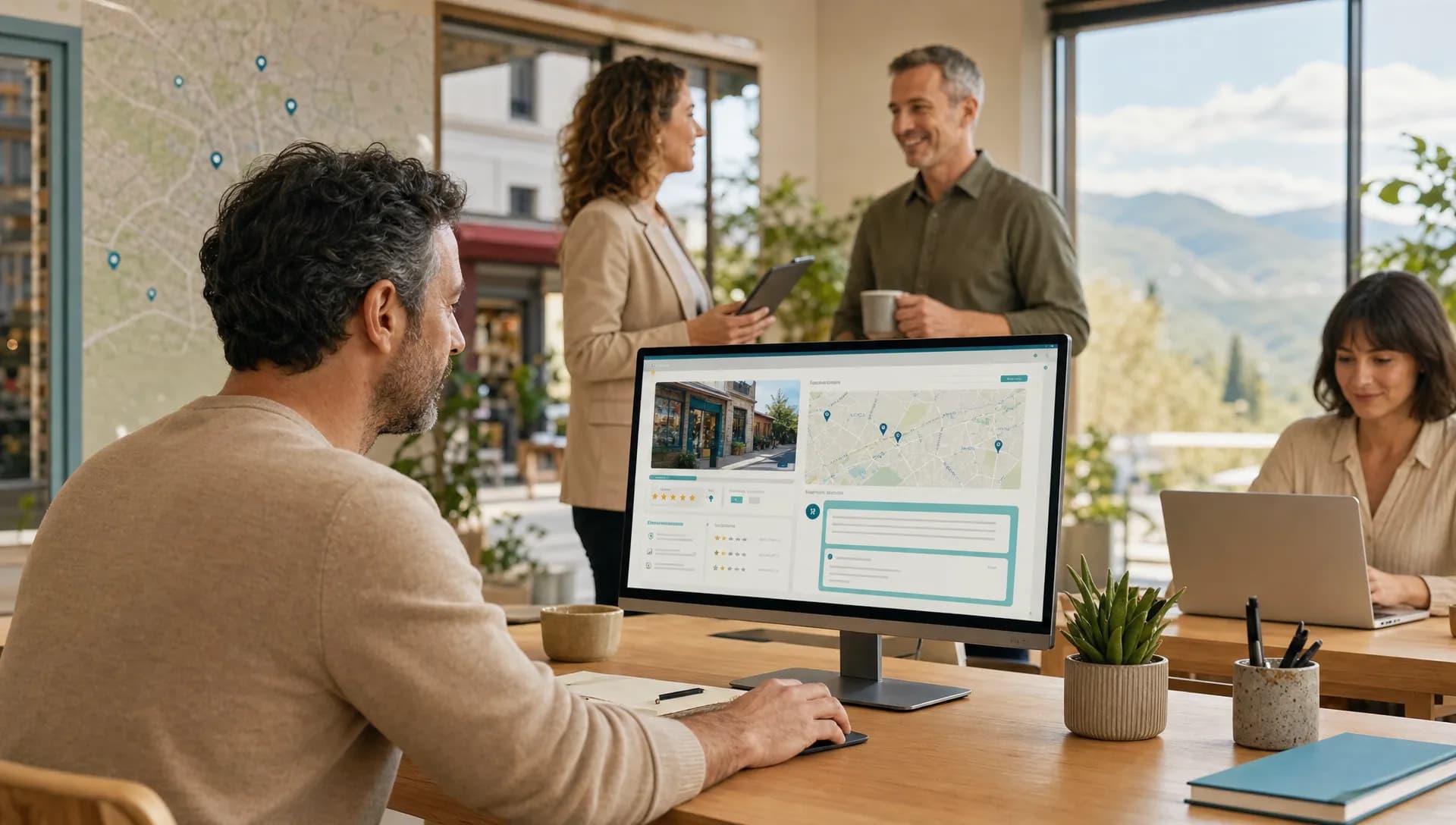 Commerçant auditant sa visibilité locale dans ChatGPT avec fiche établissement et avis clients.