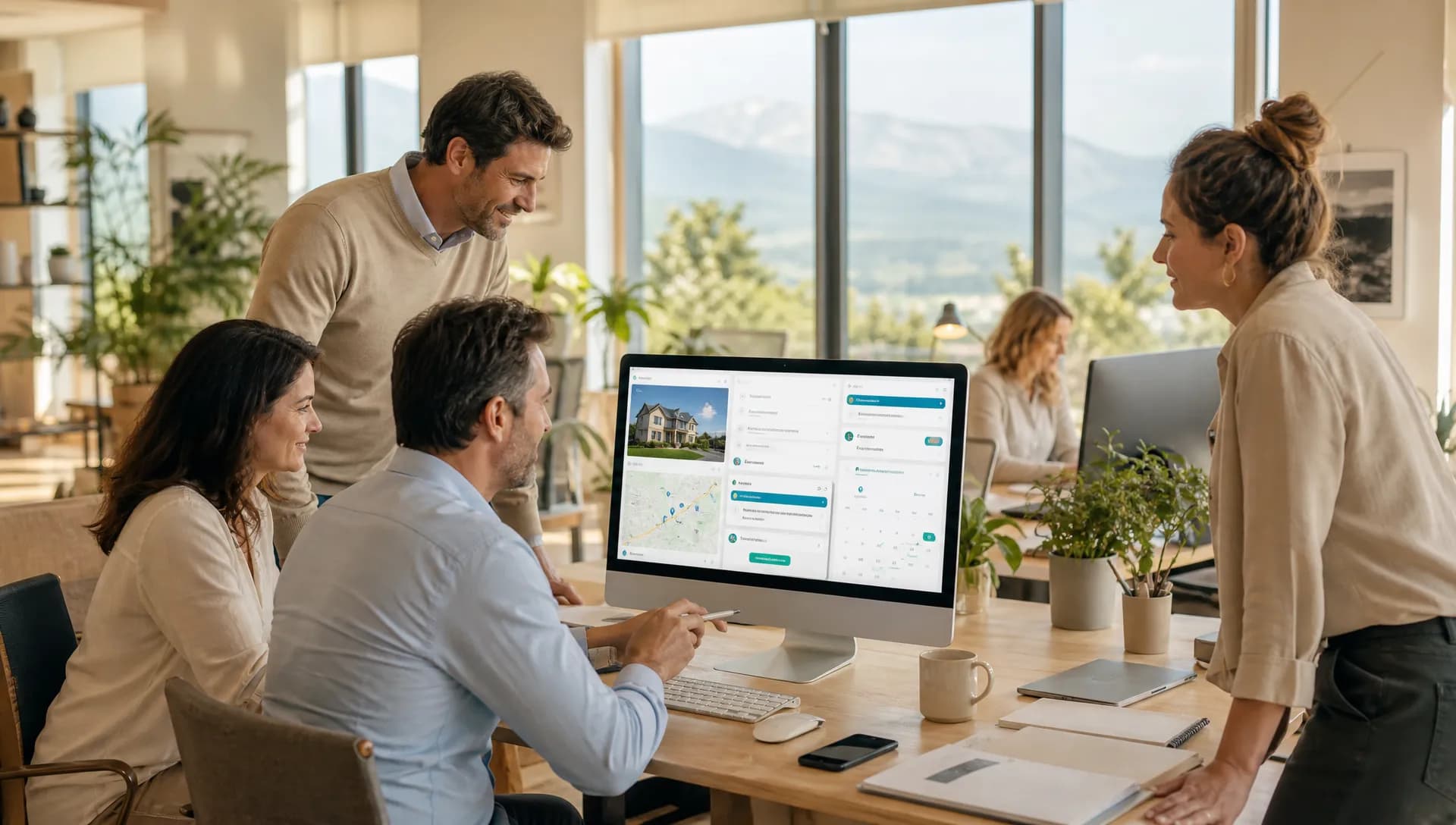 Equipe immobilière utilisant l’IA pour rédiger annonces et réponses clients dans une agence.
