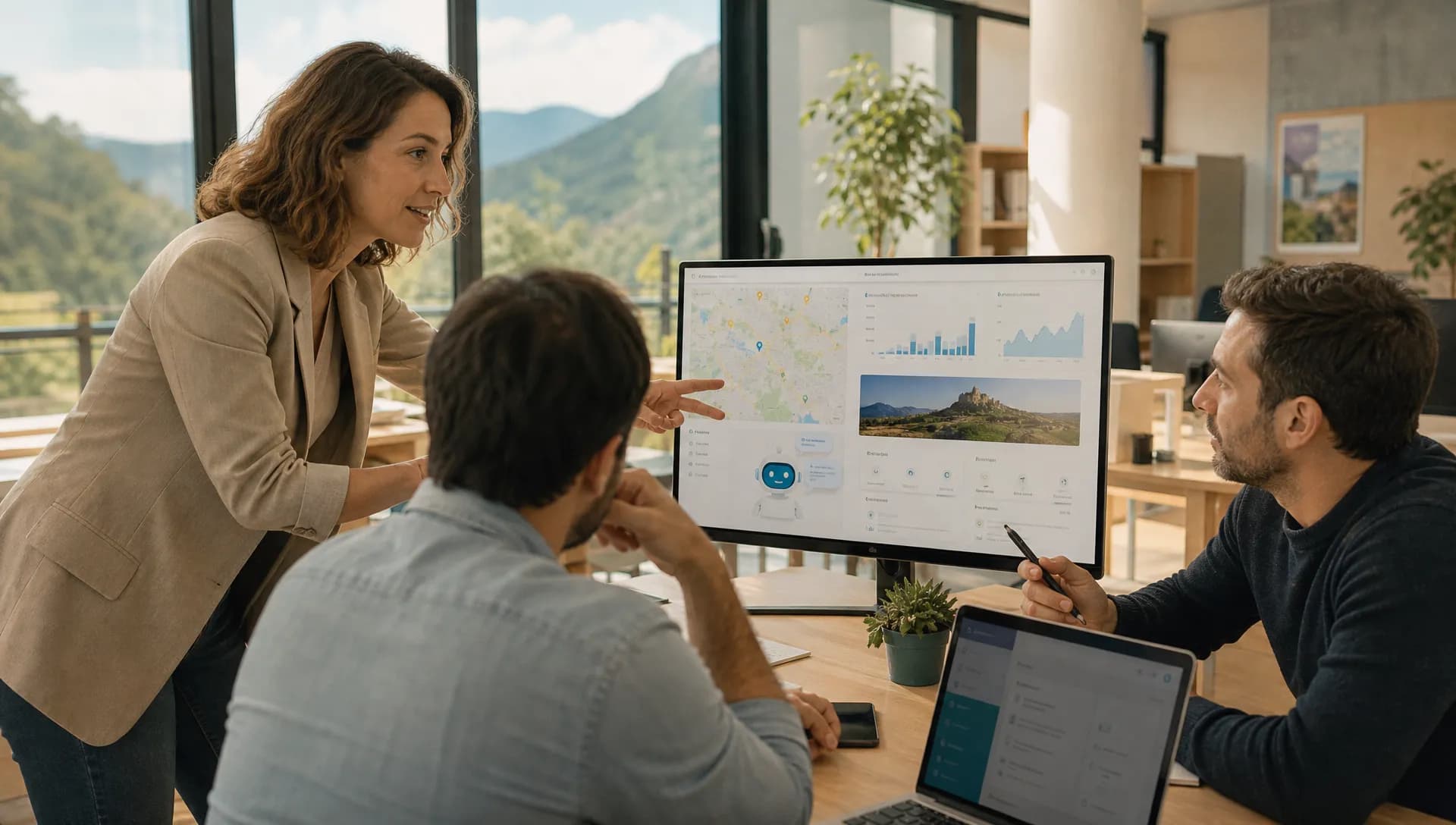 Dirigeante de PME analysant une solution IA pour le tourisme sur un écran avec données de fréquentation.
