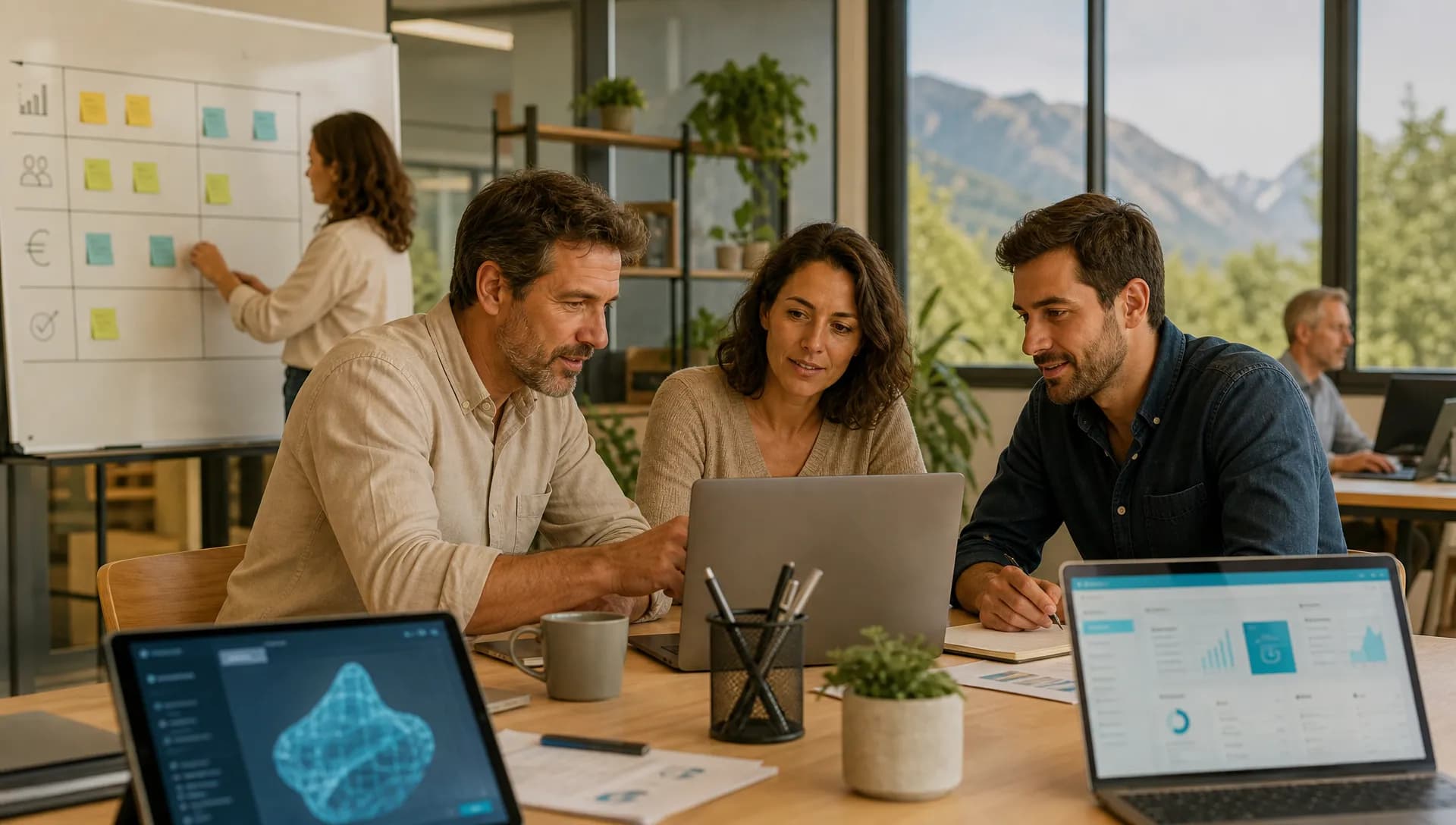 Dirigeant de PME analysant un appel à projets PIIEC IA France 2030 avec son équipe.