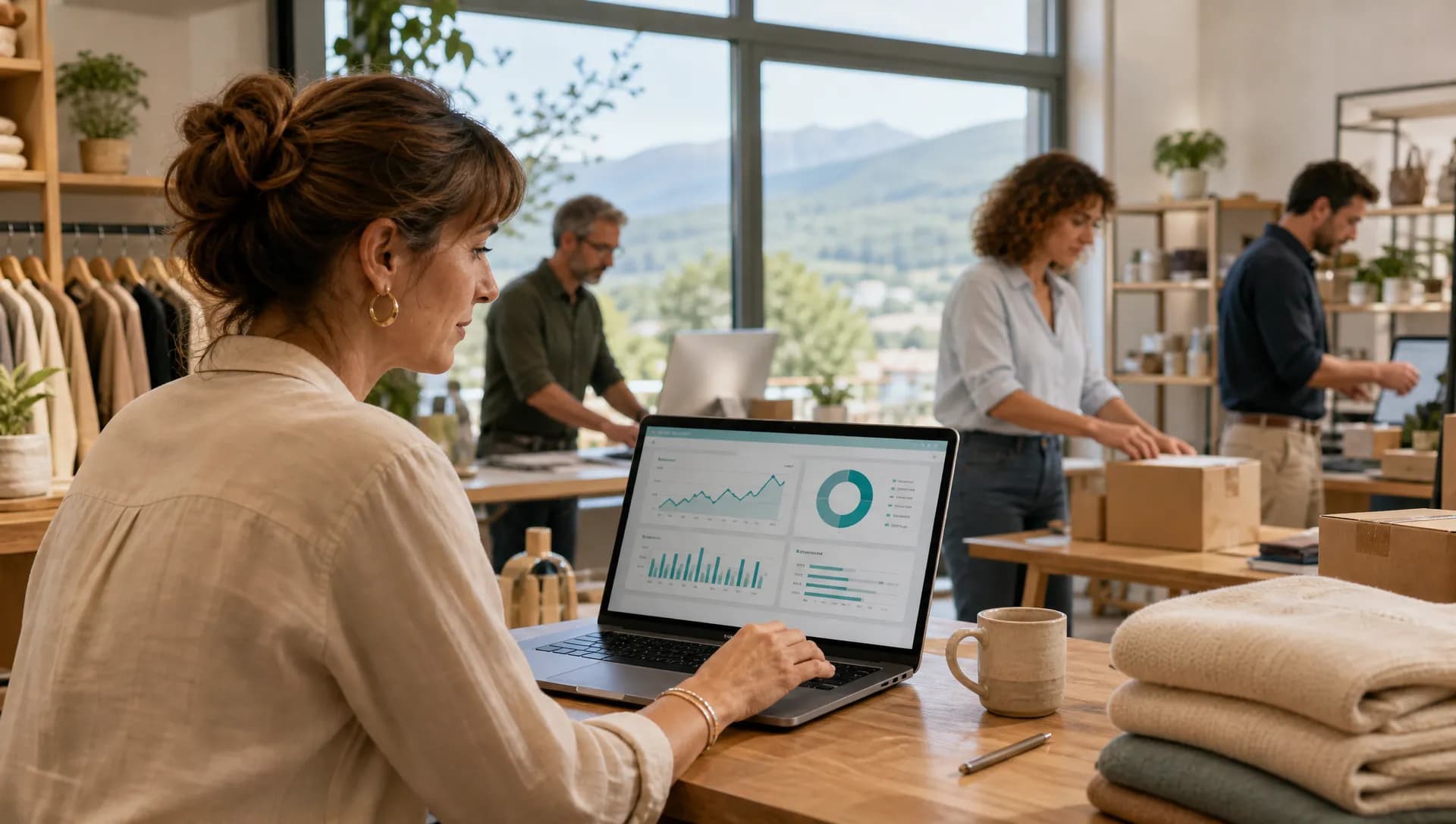 Commerçante consultant un tableau de bord IA pour stocks, ventes et fiches produits en boutique.