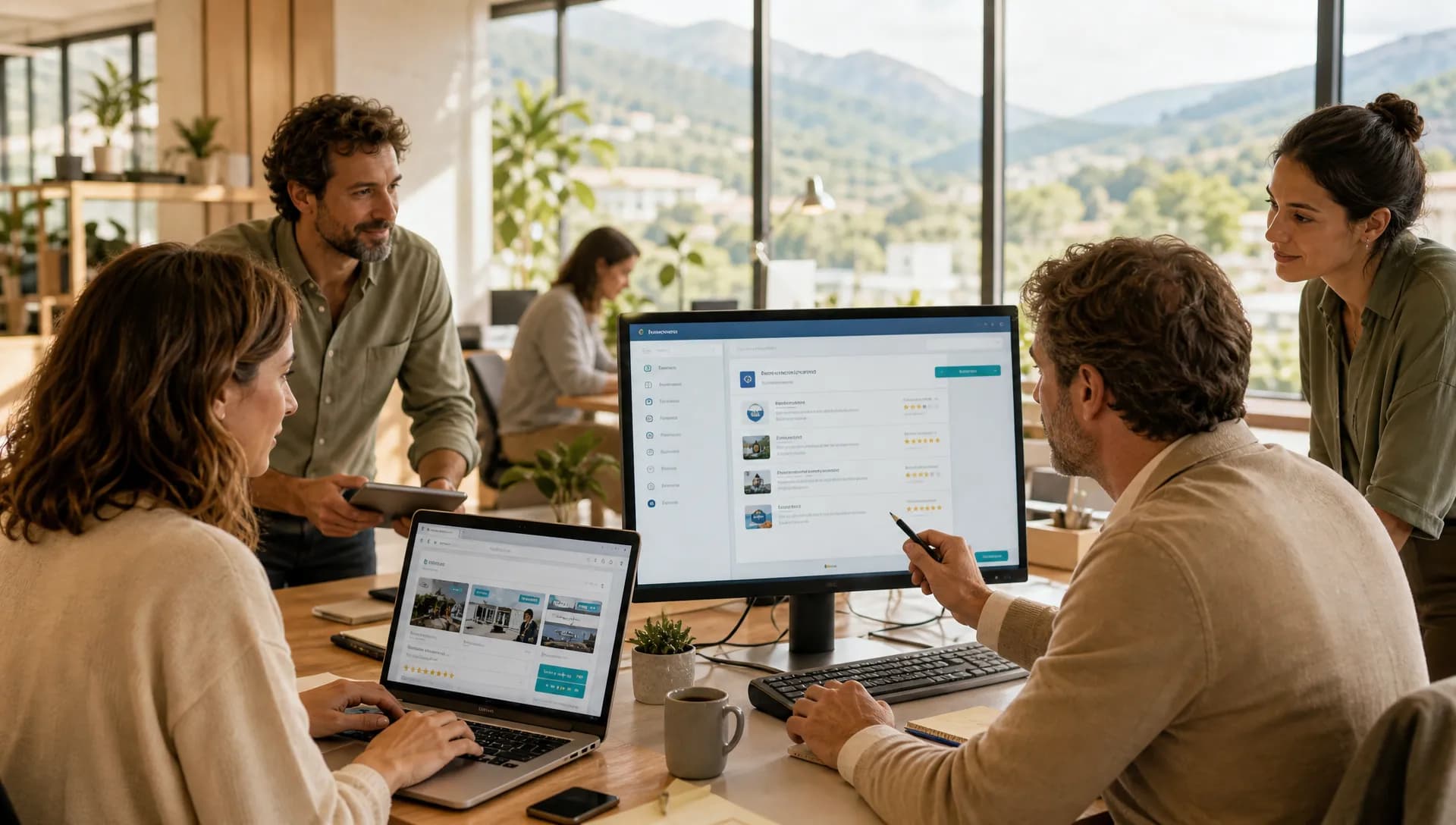 Dirigeant de PME vérifiant sa visibilité IA sur une page service et des avis clients en ligne.