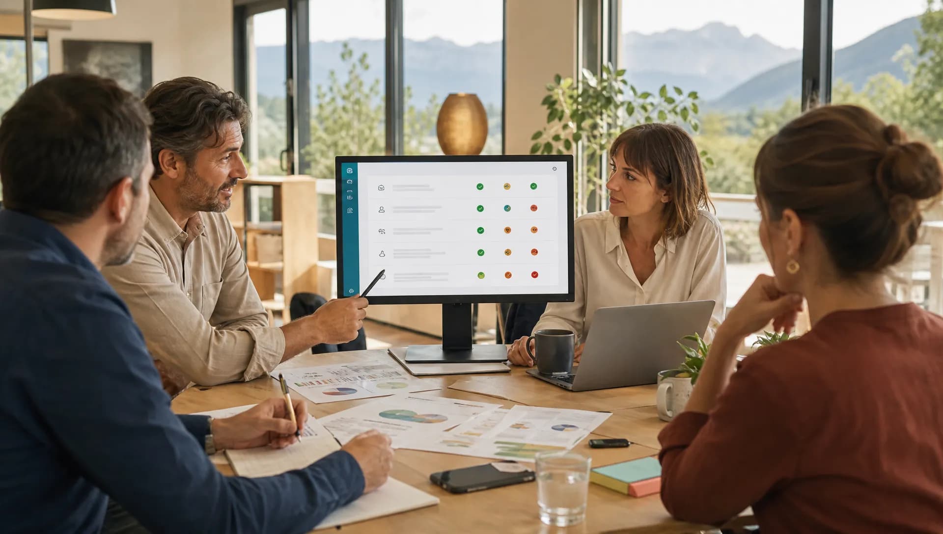Dirigeant de PME vérifiant une check-list AI Act sur les usages IA de son entreprise.