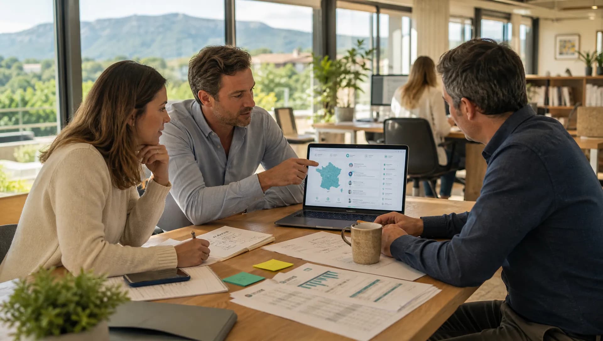 Dirigeant de PME comparant des prestataires IA sur une cartographie officielle avec son équipe.