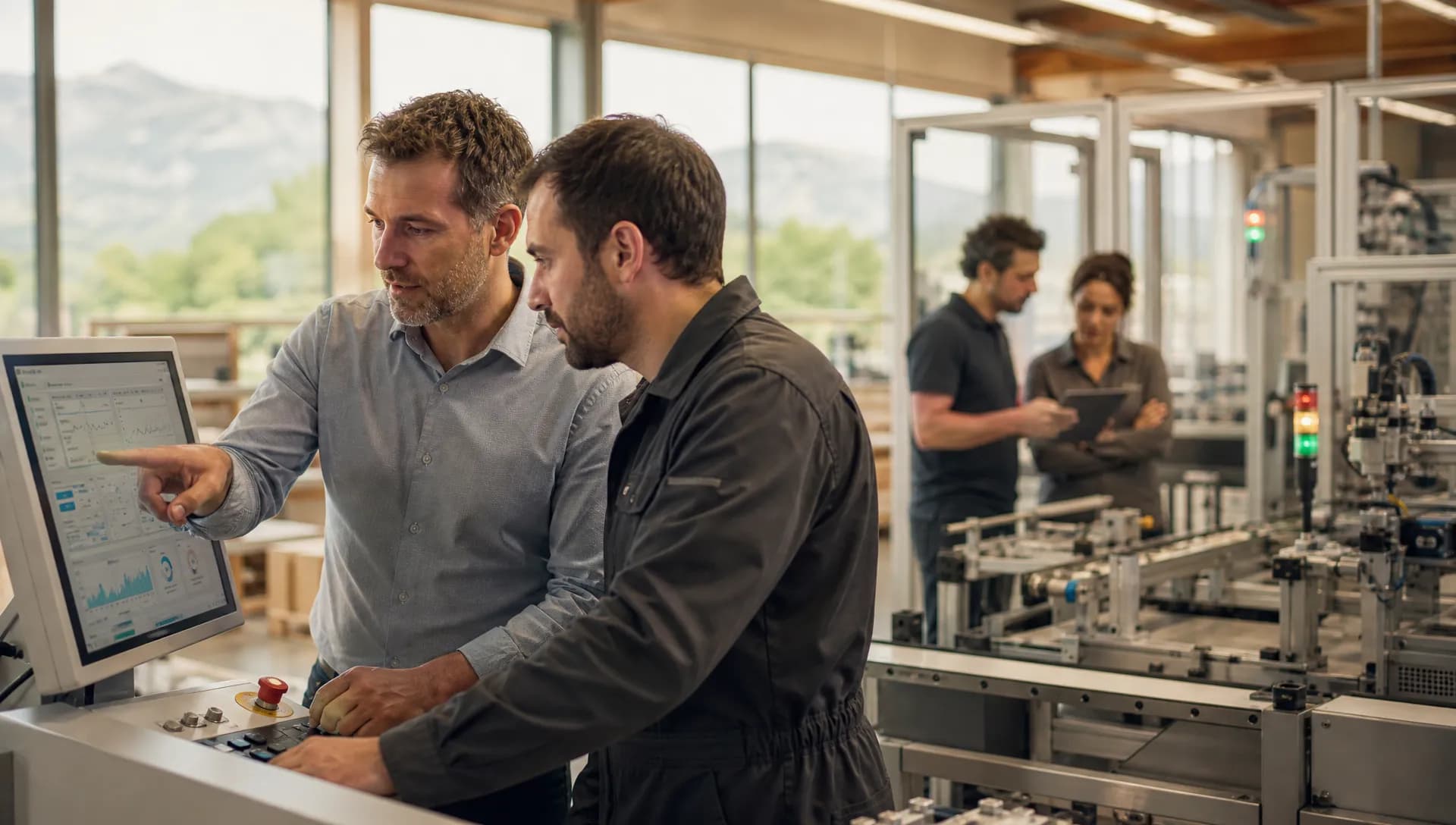 Atelier industriel avec écran de suivi machine pour tester la maintenance prédictive par IA en PME.