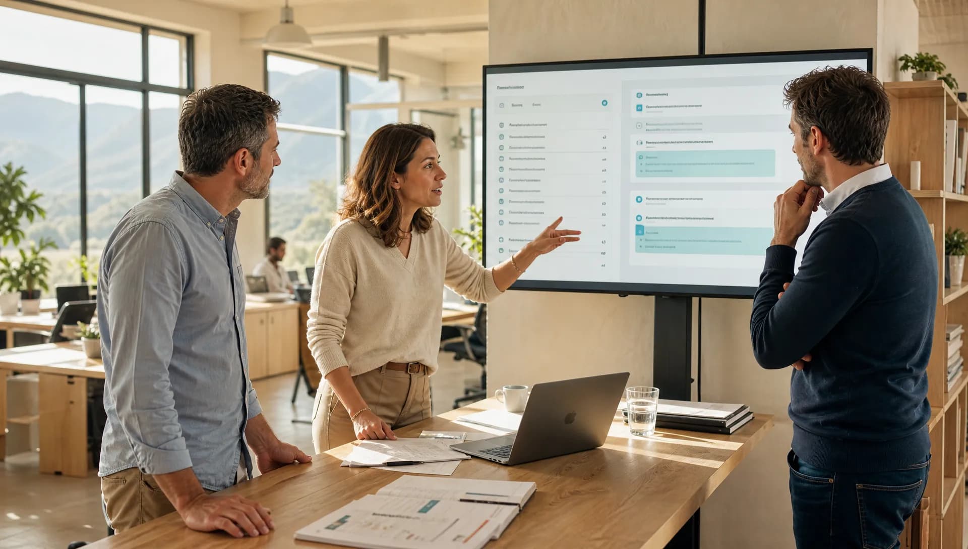 Dirigeante de PME de services testant des usages IA avec son équipe devant un tableau de suivi.