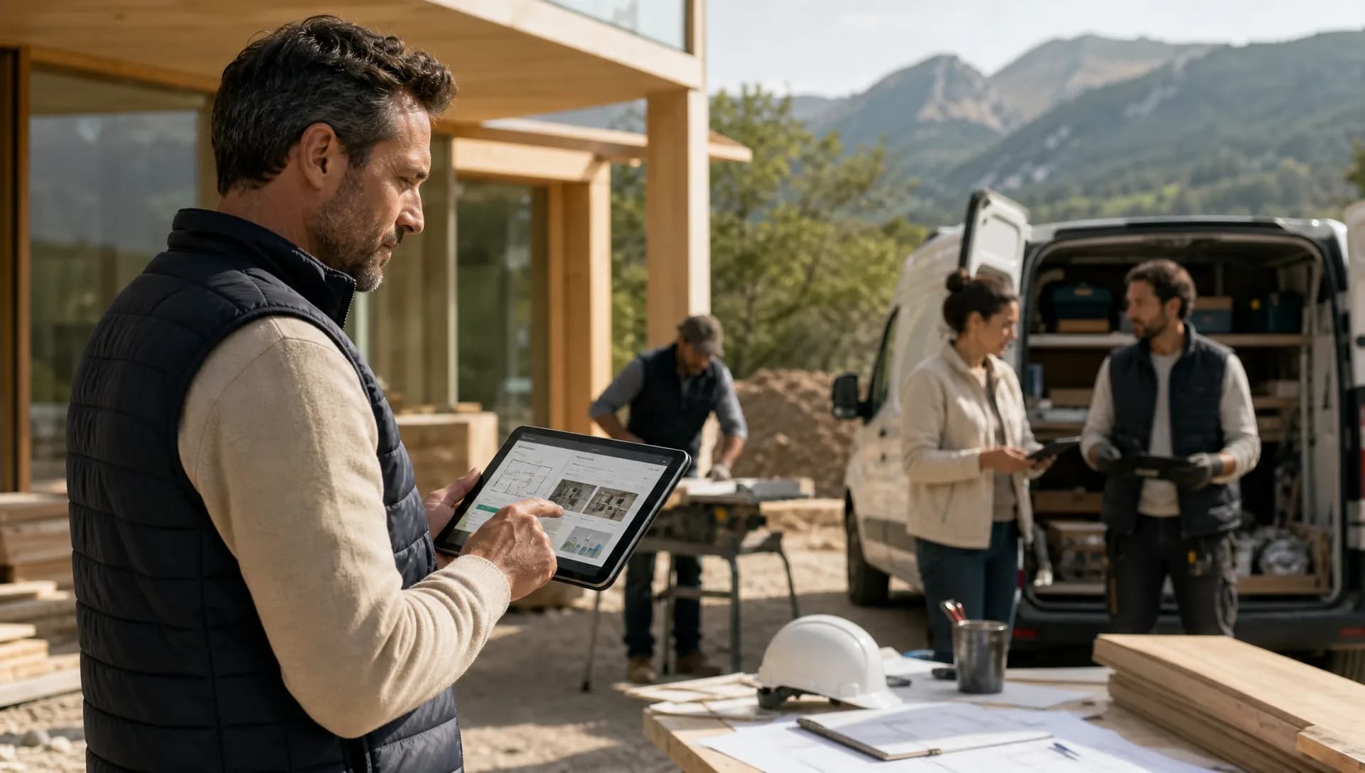 Tablette de chantier affichant un planning, un devis et des indicateurs IA pour une PME du bâtiment.