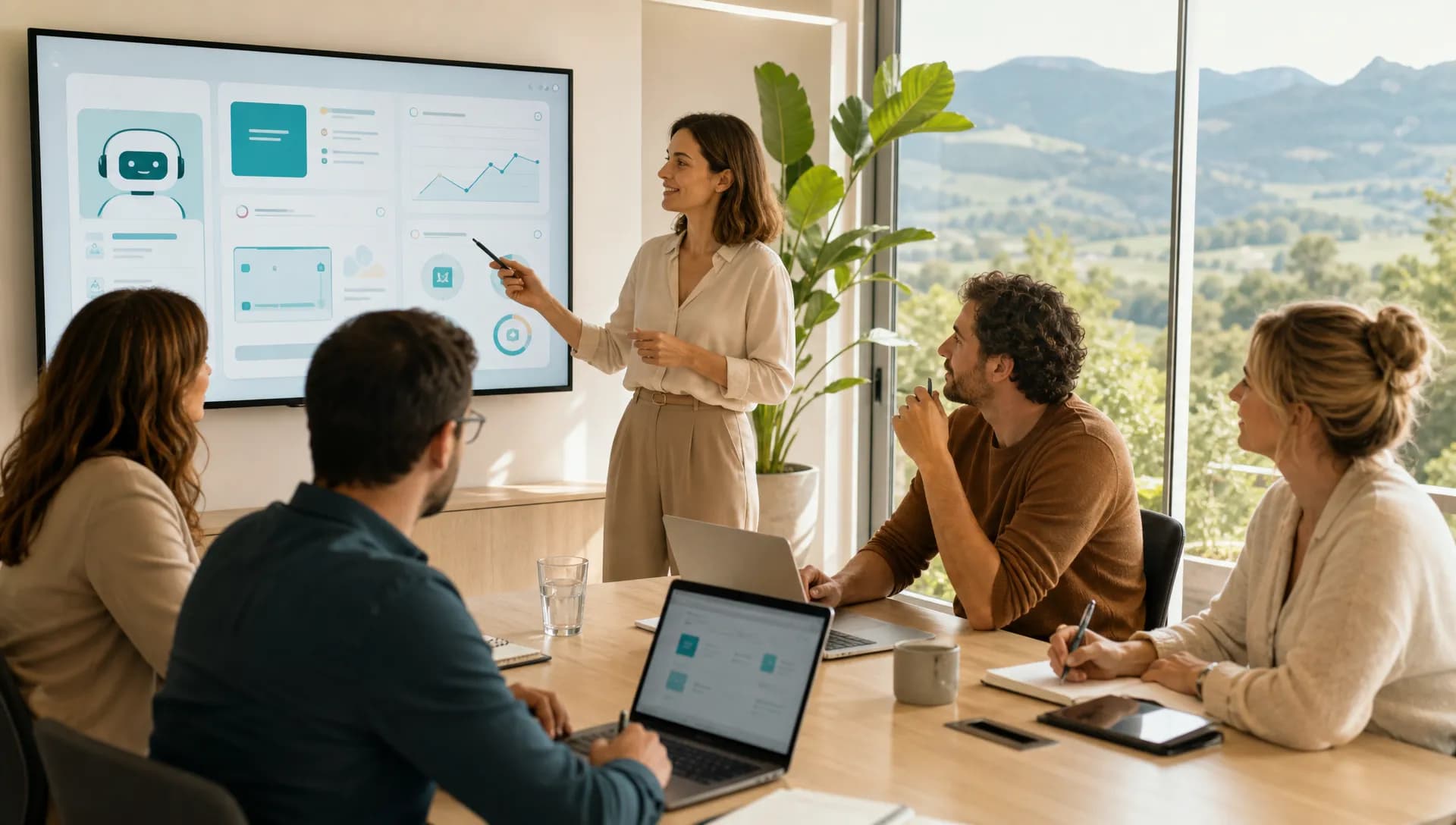 Réunion d’équipe PME autour d’un écran présentant des usages IA simples et des règles de formation.