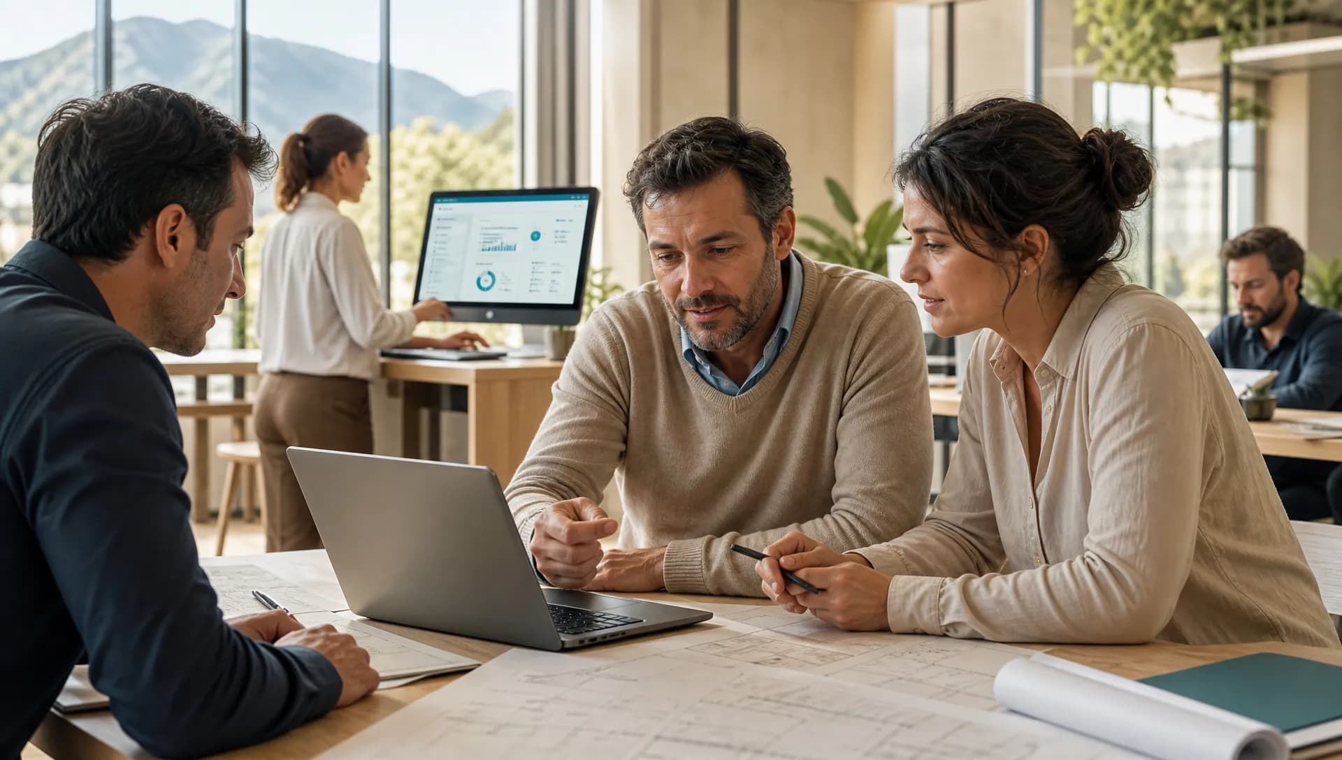 Dirigeant de PME du bâtiment analysant un appel d’offres avec un outil IA et des plans de chantier.