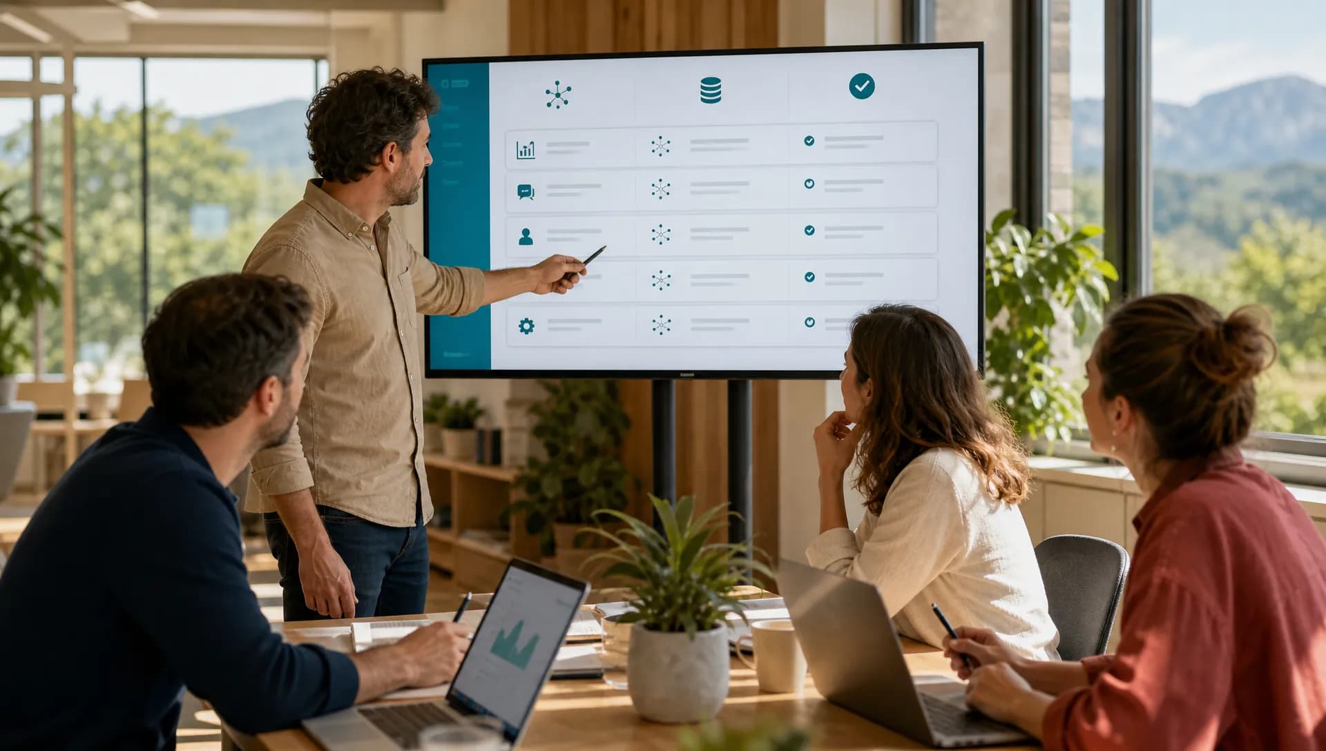 Dirigeant de PME préparant un diagnostic AI Act avec son équipe avant un webinaire France Num.