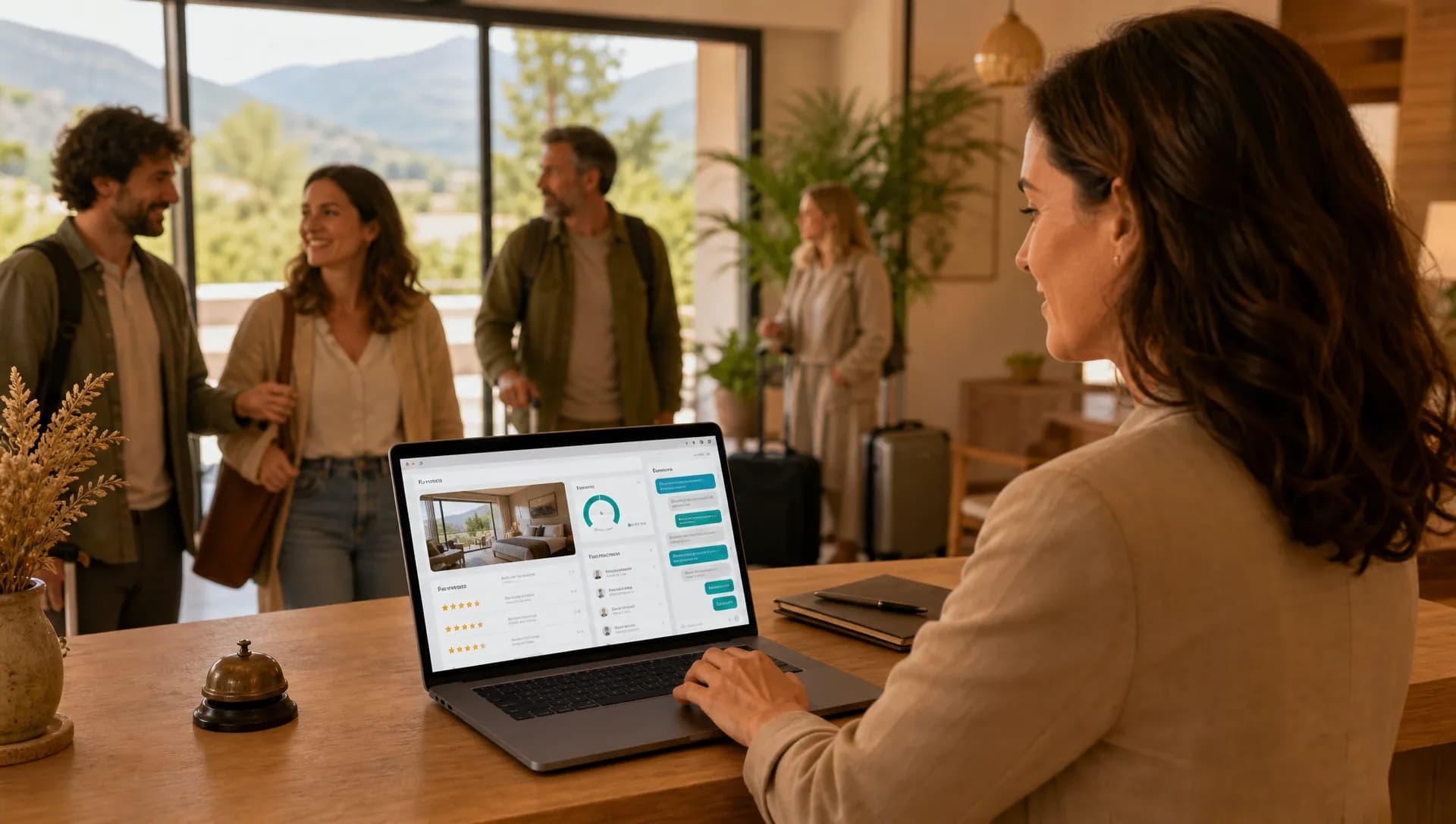 Réception d’hôtel utilisant l’IA tourisme pour mettre à jour ses informations clients avant l’été.