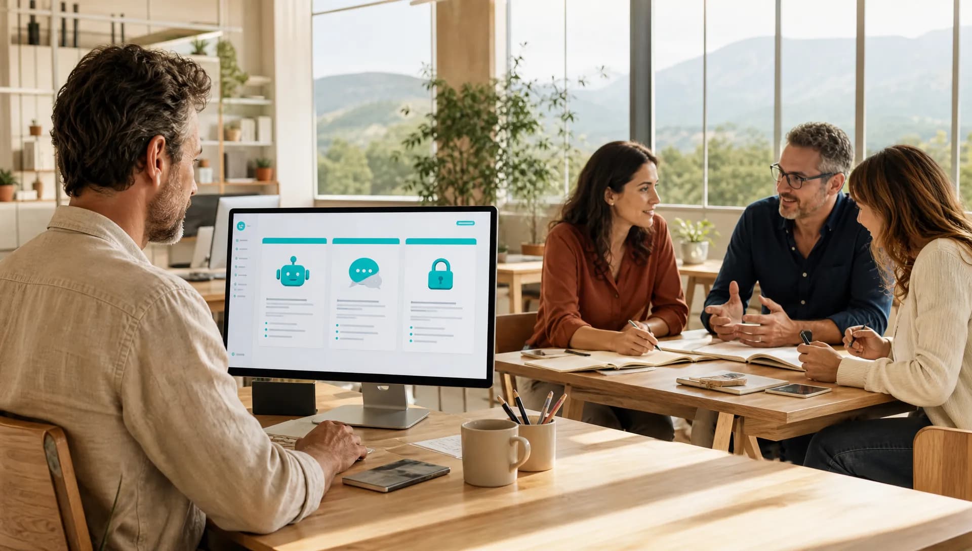 Dirigeant de PME préparant une grille AI Act avant un webinaire sur la conformité IA.