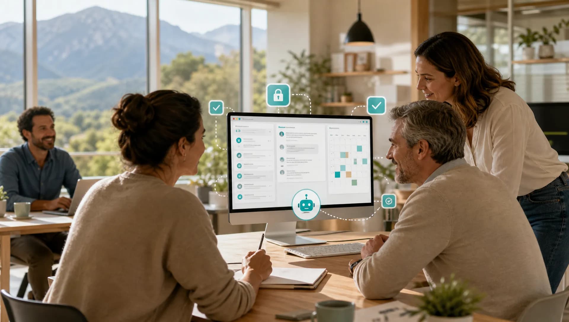 Dirigeant de PME supervisant une IA agentique connectée aux mails, au CRM et au planning.